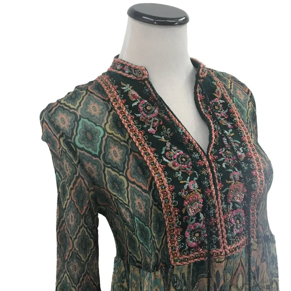 Soft Surroundings Shira Green Embroidered Tassel Neck Top
